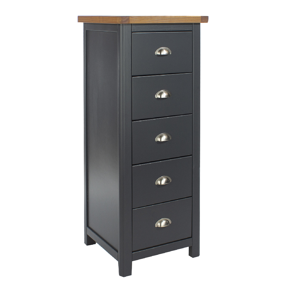 Read more about Delavan wooden narrow chest of 5 drawers in oak and black