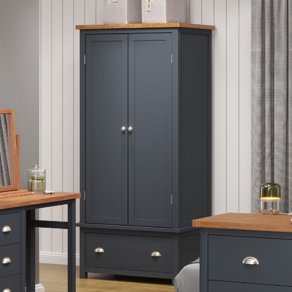 Read more about Delavan wooden wardrobe with 2 doors 1 drawer in oak and black