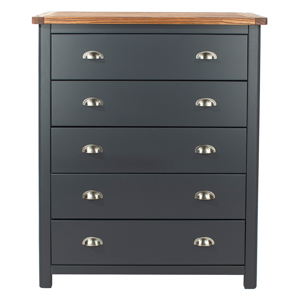 Delavan Wooden Wide Chest Of 5 Drawers In Midnight Blue And Oak