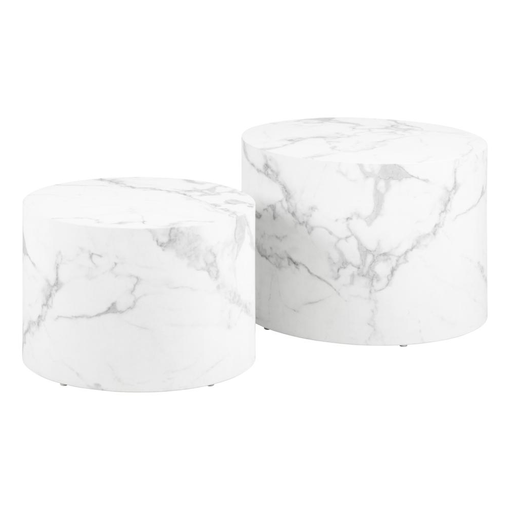 Delft Wooden Round Nesting Coffee Table In White Marble Effect