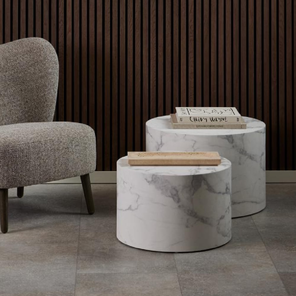 Product photograph of Delft Wooden Round Nesting Coffee Table In White Marble Effect from Furniture in Fashion