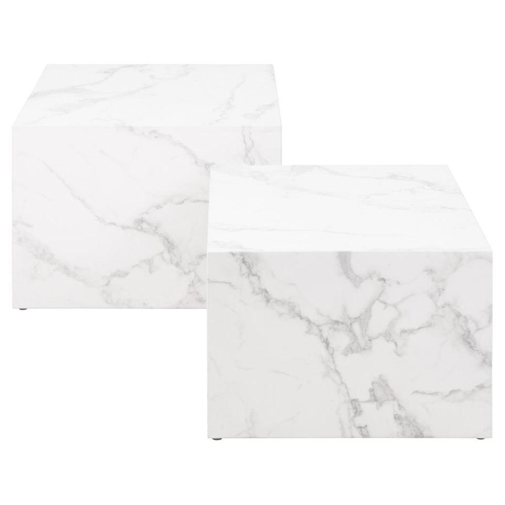 Delft Wooden Square Nesting Coffee Tables In White Marble Effect