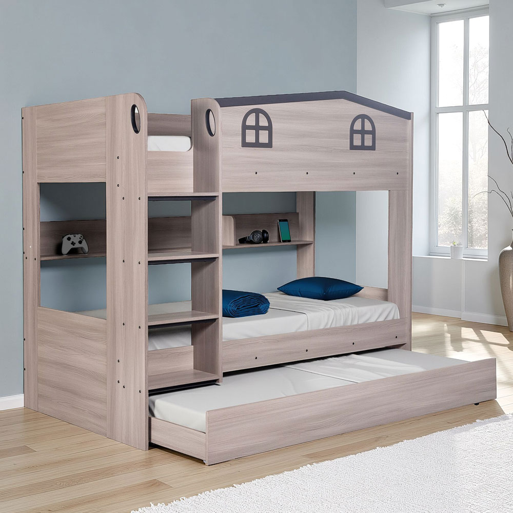 Delmor Wooden Children Bunk Bed with Trundle in Ash Grey