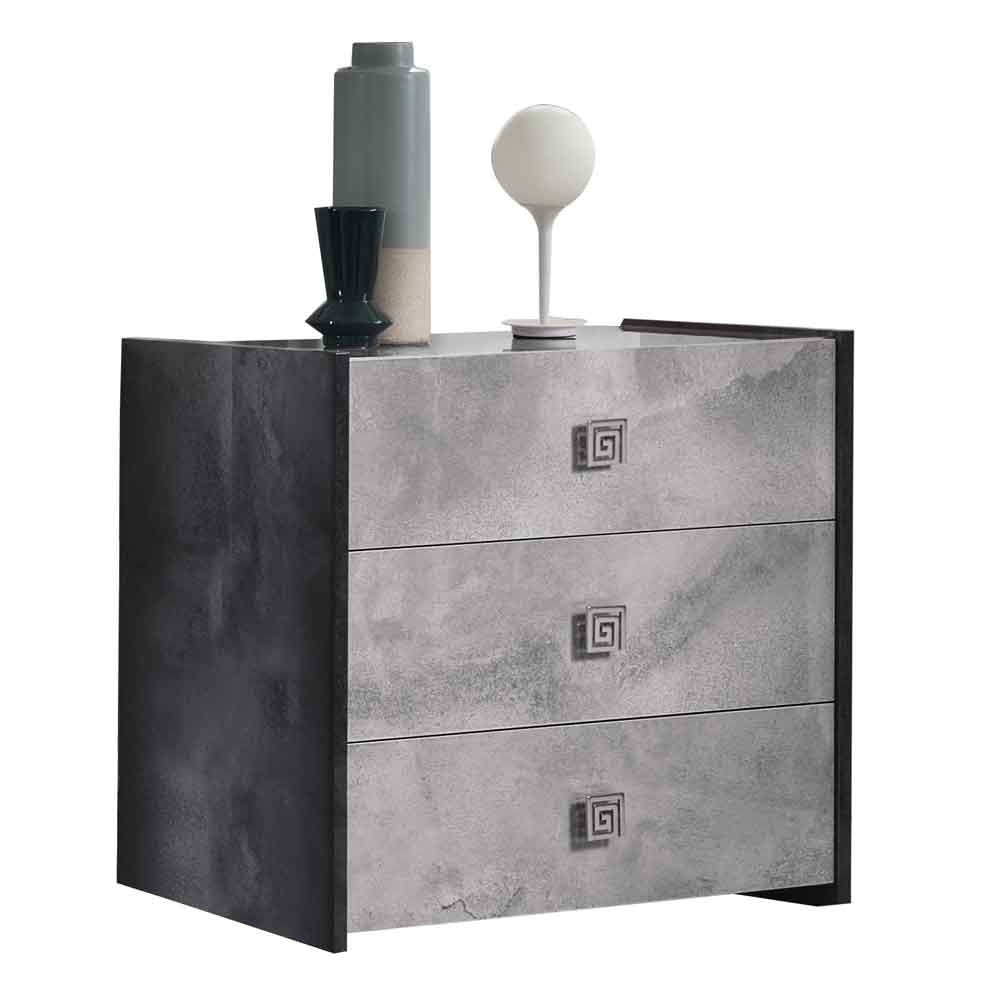 Delora High Gloss Bedside Cabinet with 3 Drawers in Grey Stone Effect