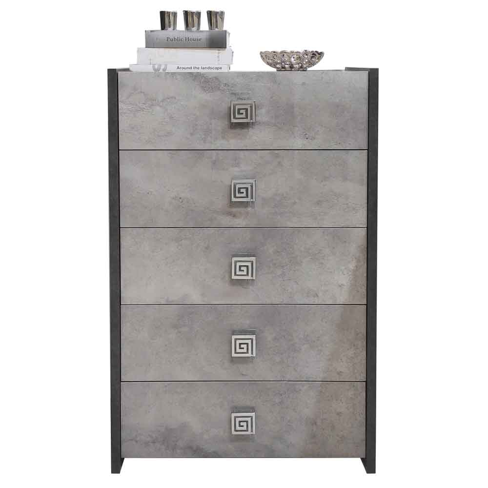 Delora High Gloss Chest of 5 Drawers in Grey Stone Effect