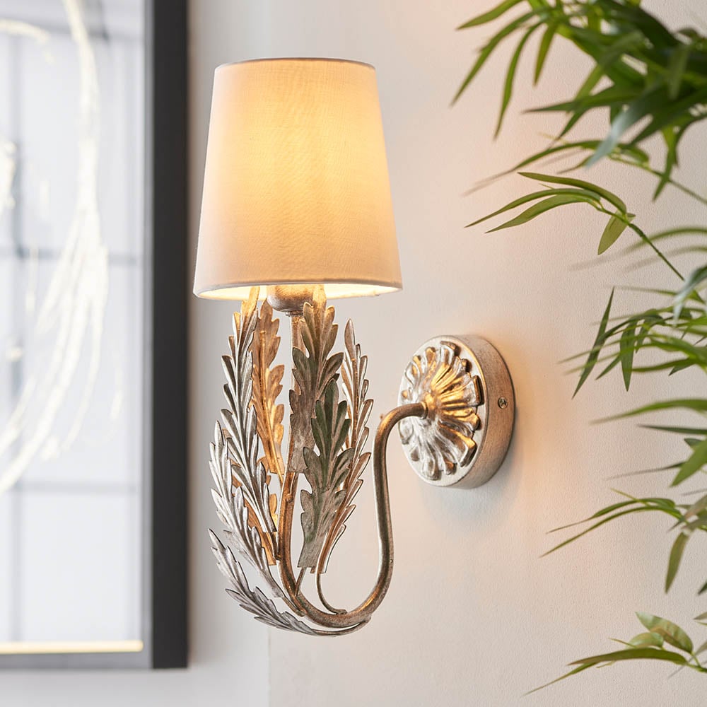 Read more about Delphine ivory fabric shade wall light in silver leaf