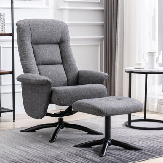 Product photograph of Delray Fabric Swivel Recliner Chair With Stool In Grey from Furniture in Fashion