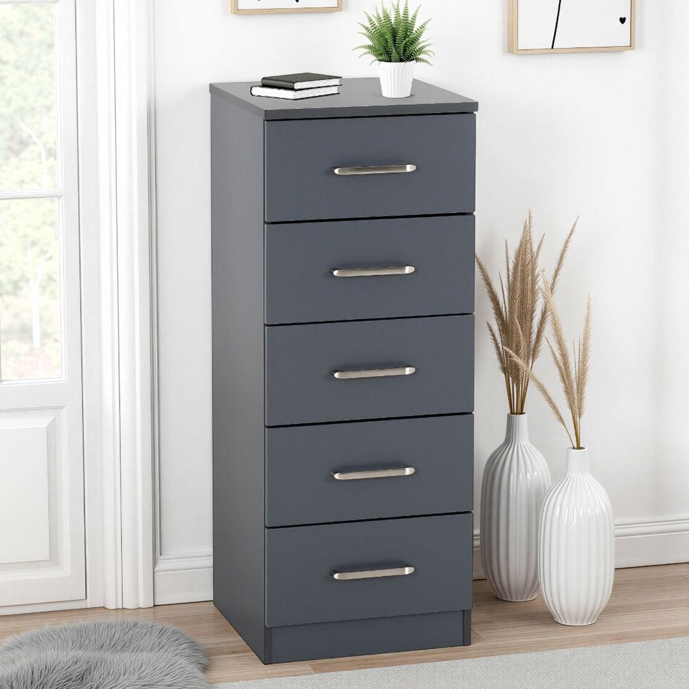 Delrion Narrow Wooden Chest Of 5 Drawers in Dark Grey