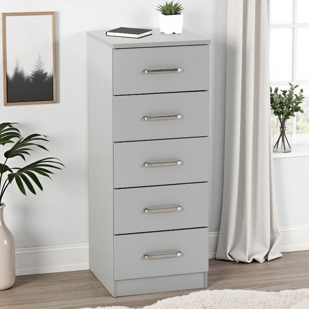 Delrion Narrow Wooden Chest Of 5 Drawers in Light Grey