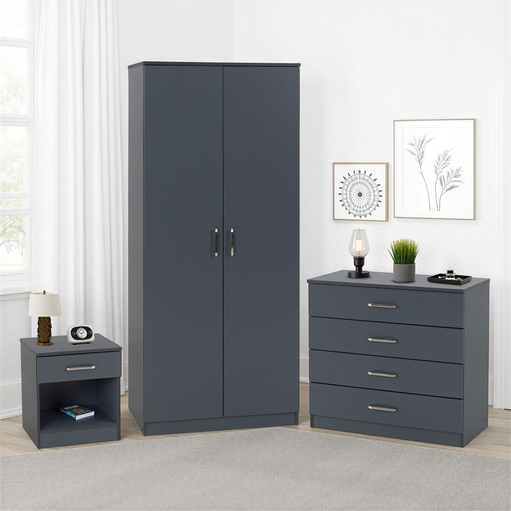 Delrion Wooden Bedroom Furniture Set with 2 Doors 5 Drawers in Dark Grey