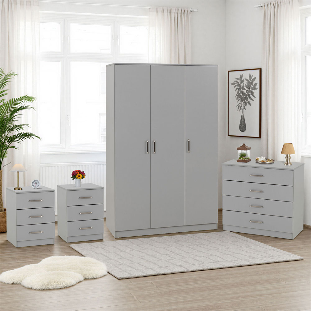Delrion Wooden Bedroom Furniture Set with 3 Doors 10 Drawers in Light Grey