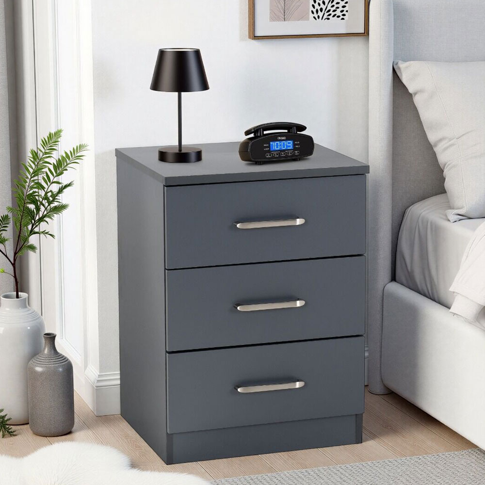 Delrion Wooden Bedside Cabinet with 3 Drawers in Dark Grey