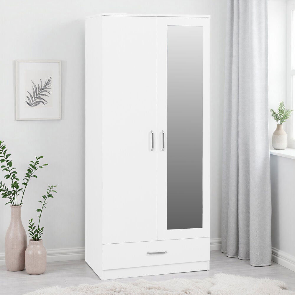 Delrion Wooden Wardrobe with 1 Glass Door 1 Drawer in White