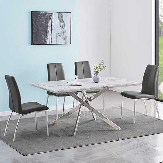 Deltino Diva Marble Effect Dining Table With 4 Opal Grey Chairs