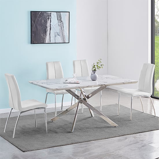 Deltino Diva Marble Effect Dining Table 4 Opal White Chairs