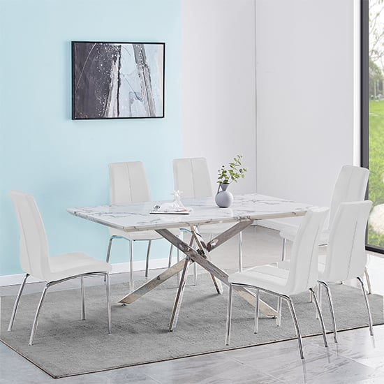 Deltino Diva Marble Effect Dining Table 6 Opal White Chairs