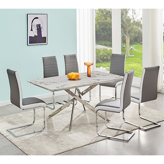 Product photograph of Deltino Diva Marble Effect Dining Table 6 Symphony Grey Chairs from Furniture in Fashion