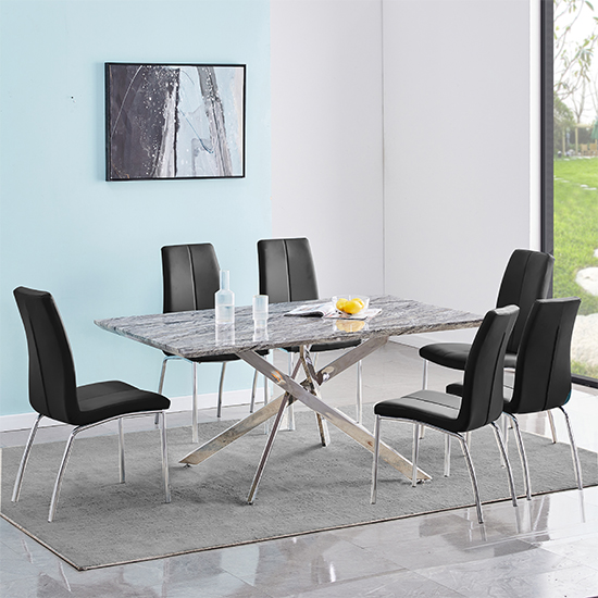 Product photograph of Deltino Melange Marble Effect Dining Table 6 Opal Black Chairs from Furniture in Fashion