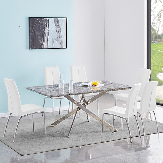 Read more about Deltino melange marble effect dining table 6 opal white chairs