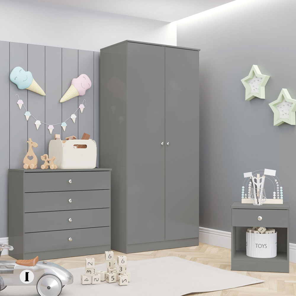Delvian High Gloss Effect Bedroom Furniture Set with 2 Doors 5 Drawers in Grey