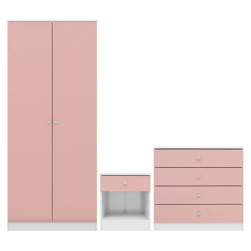Delvian High Gloss Effect Bedroom Furniture Set with 2 Doors 5 Drawers in White and Pink