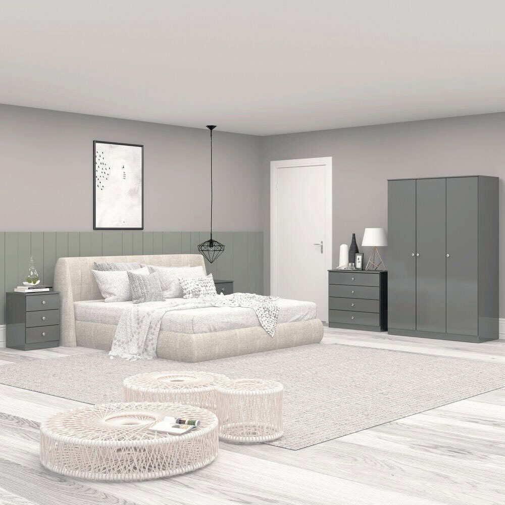 Delvian High Gloss Effect Bedroom Furniture Set with 3 Doors 10 Drawers in Grey