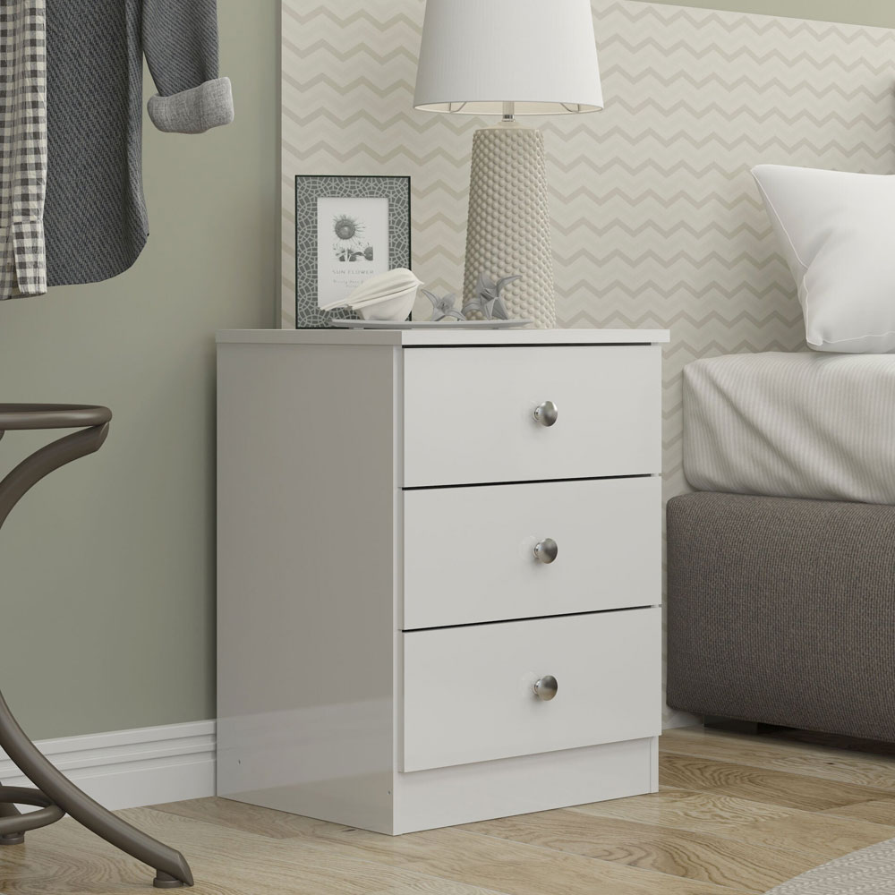 Delvian High Gloss Effect Bedside Cabinet with 3 Drawers in White