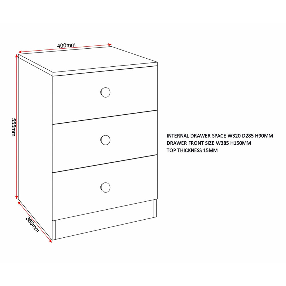 Delvian High Gloss Effect Bedside Cabinet with 3 Drawers in White