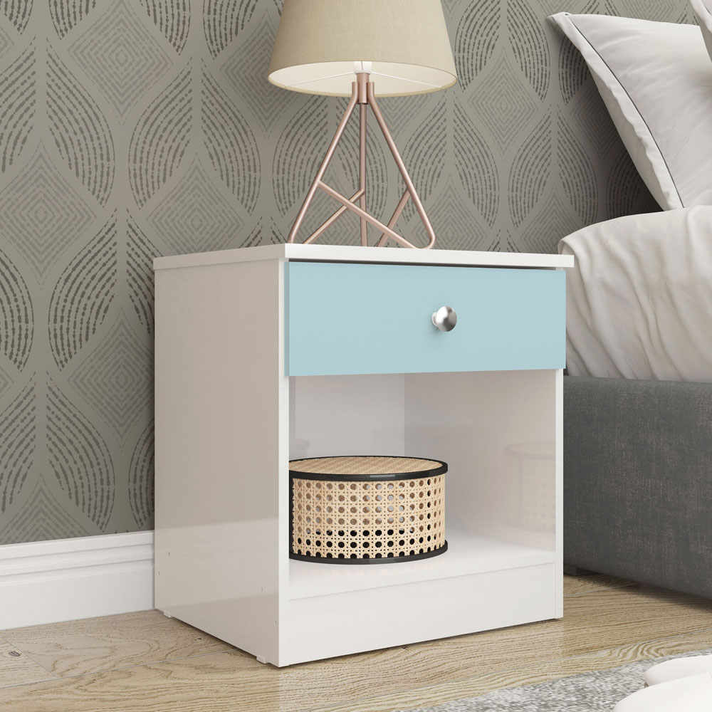 Delvian High Gloss Effect Bedside Cabinet in White and Blue