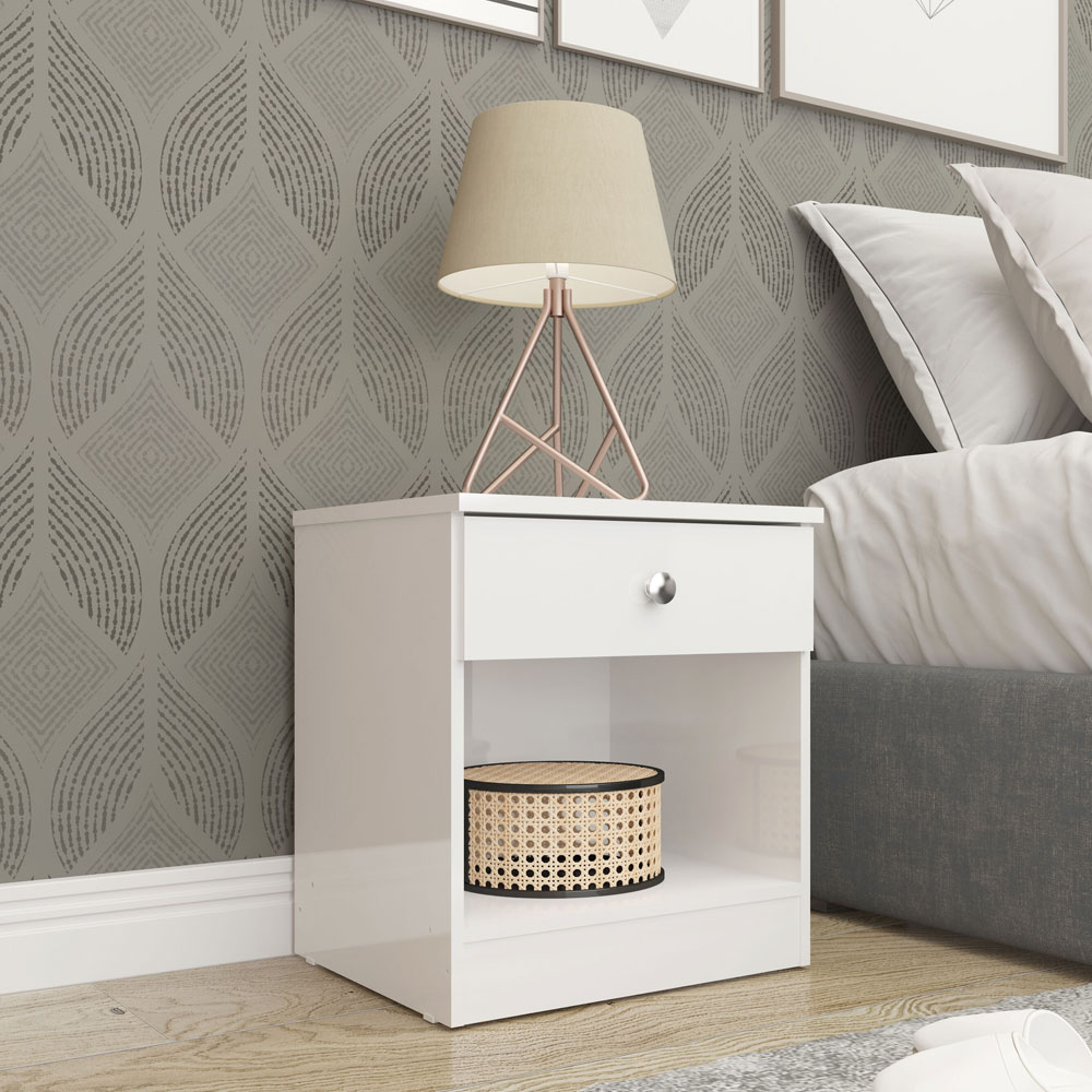 Delvian High Gloss Effect Bedside Cabinet in White
