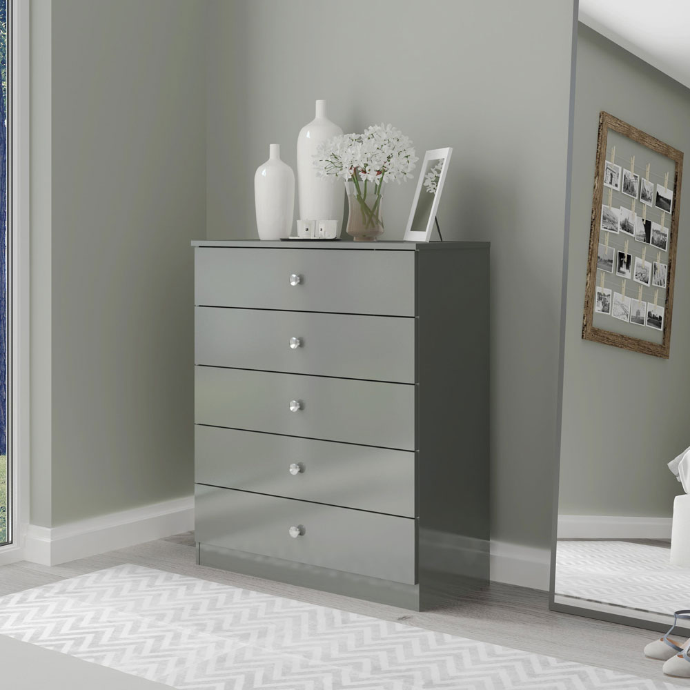 Delvian High Gloss Effect Chest Of 5 Drawers in Grey