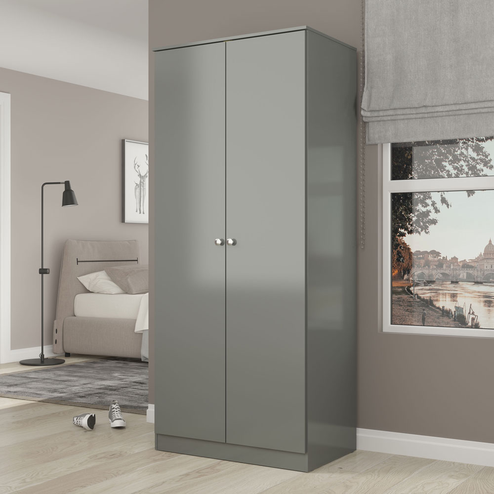 Delvian High Gloss Effect Wardrobe with 2 Doors in Grey