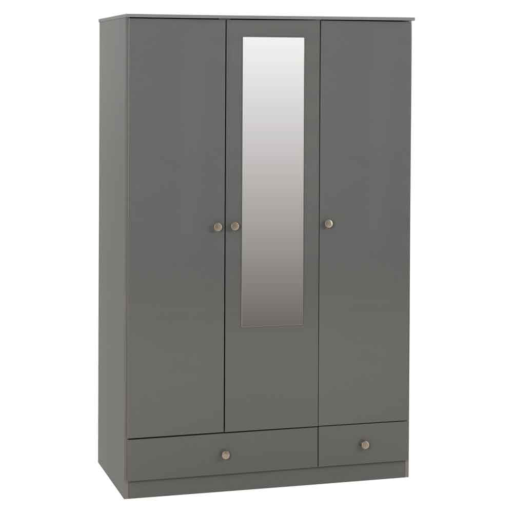 Delvian High Gloss Wardrobe With 3 Doors and 2 Drawers In Grey