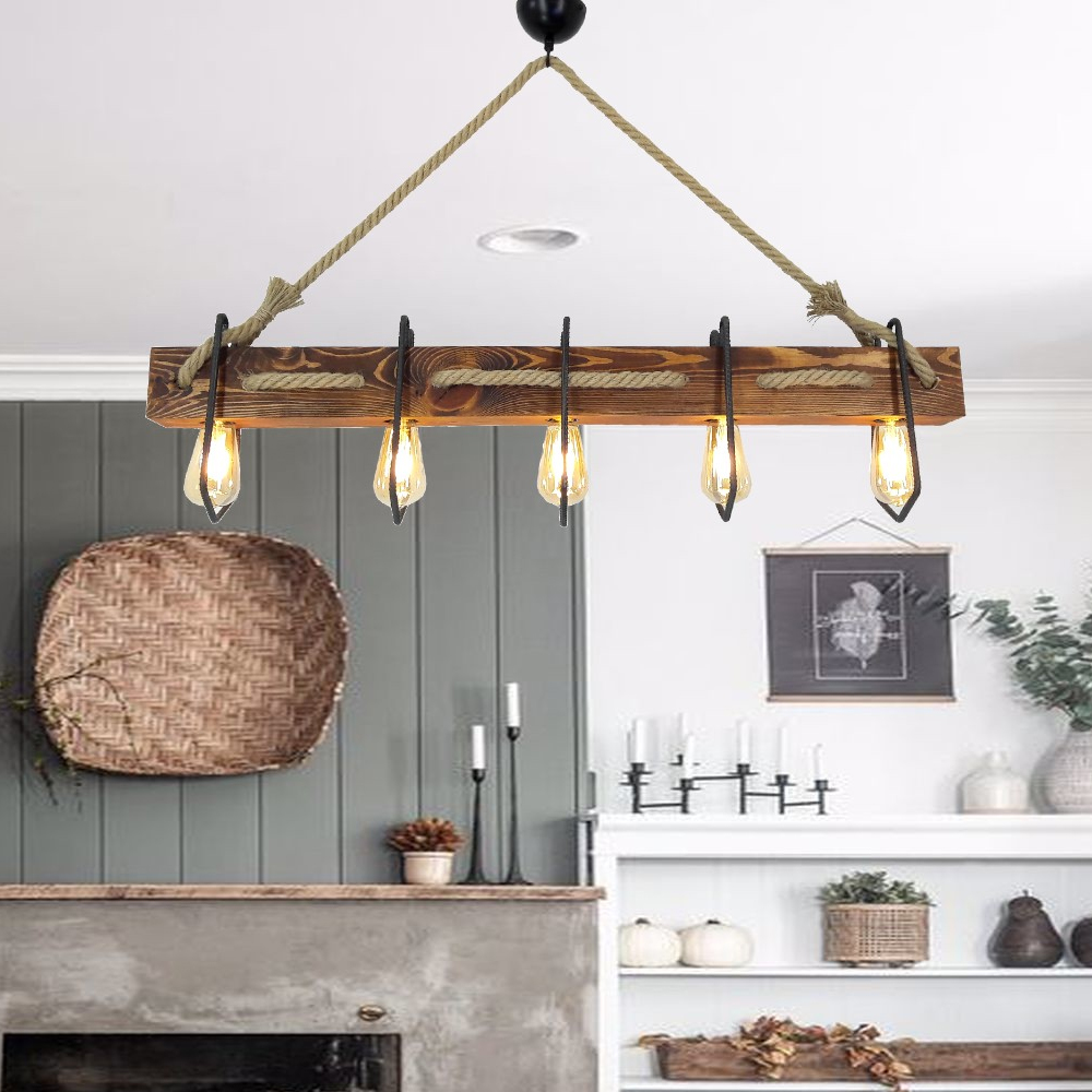 Demir 5 Light Wooden Ceiling Pendant Light in Walnut