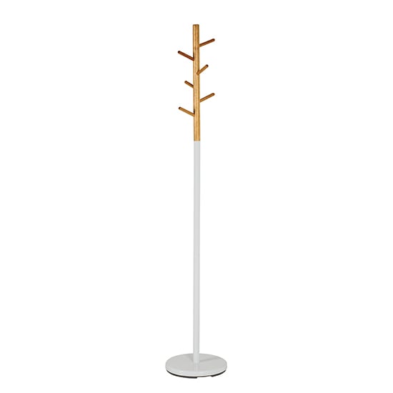 Denis Wooden 6 Hooks Coat Stand In Natural With White Stand