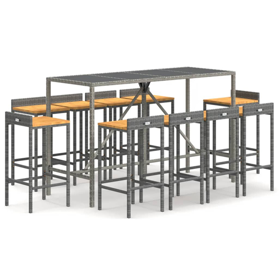 Denji Solid Wood 11 Piece Garden Bar Set In Grey Poly Rattan
