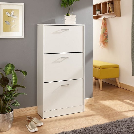 Strood Three Tier Shoe Cabinet In White Finish | Furniture in Fashion