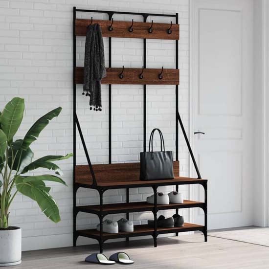 Product photograph of Denton Wooden Clothes Rack With Shoe Storage In Brown Oak from Furniture in Fashion