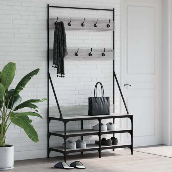 Product photograph of Denton Wooden Clothes Rack With Shoe Storage In Grey Sonoma Oak from Furniture in Fashion