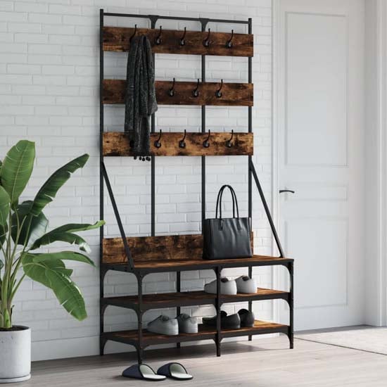 Product photograph of Denton Wooden Clothes Rack With Shoe Storage In Smoked Oak from Furniture in Fashion