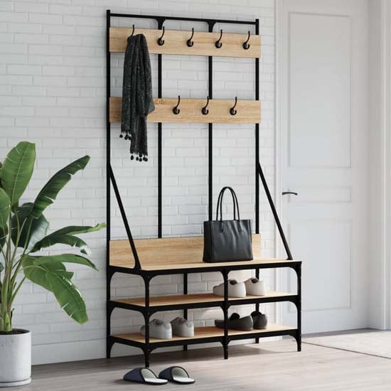Product photograph of Denton Wooden Clothes Rack With Shoe Storage In Sonoma Oak from Furniture in Fashion