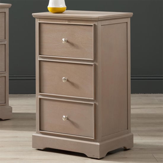 Photo of Denver pine wood bedside cabinet with 3 drawers in taupe