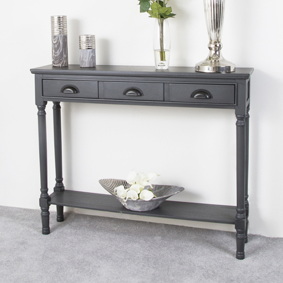 Denver Pine Wood Console Table With 3 Drawers In Grey Furniture in