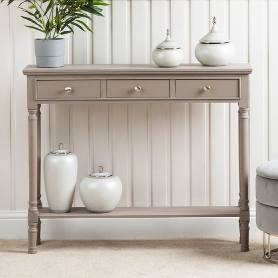 Product photograph of Denver Pine Wood Console Table With 3 Drawers In Taupe from Furniture in Fashion