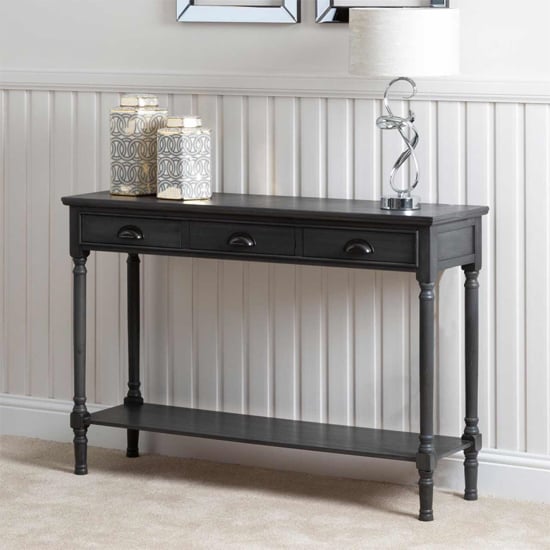 Photo of Denver pine wood console table large with 3 drawers in grey