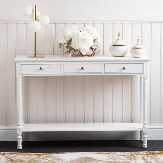 Photo of Denver pine wood console table large with 3 drawers in white