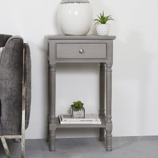 Photo of Denver pine wood end table with 1 drawer in taupe
