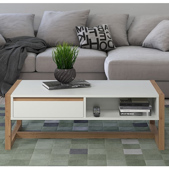 Read more about Depok wooden coffee table with 2 drawers in white and oak