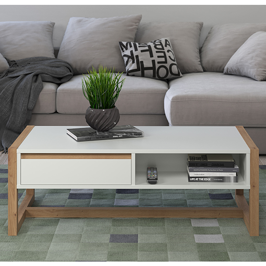 Depok Wooden Coffee Table With 2 Drawers In White And Oak Furniture