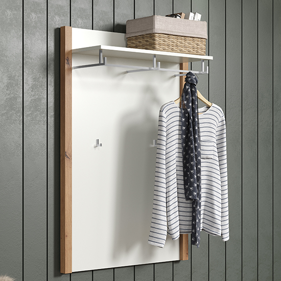 Depok Hallway Coat Rack Panel In White And Oak Furniture in Fashion
